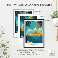 Handmade wooden frames in natural, white, and black for Valletta Print, showcasing Malta's beautiful skyline.