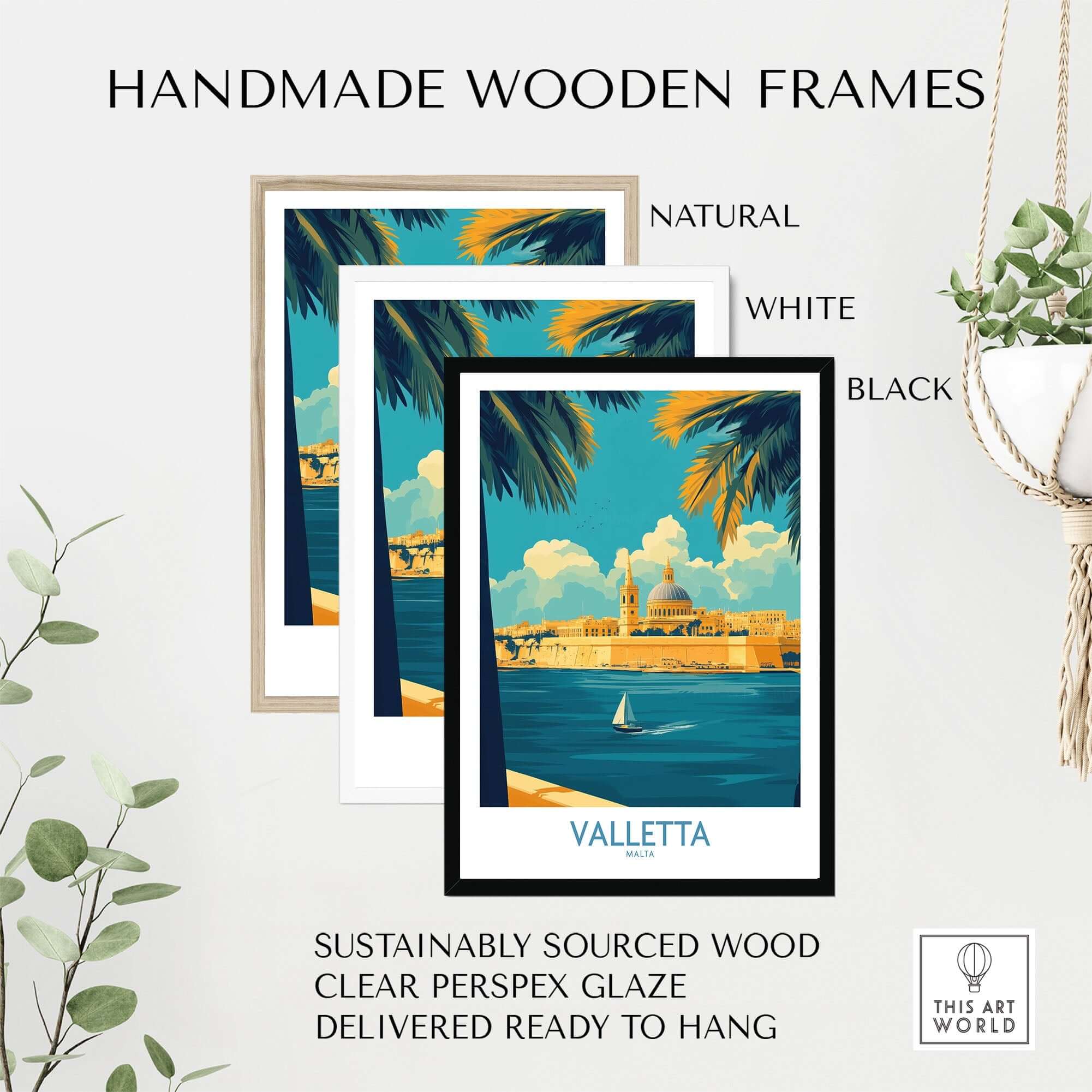 Handmade wooden frames in natural, white, and black for Valletta Print, showcasing Malta's beautiful skyline.