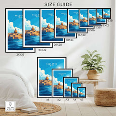 Valletta Print Malta size guide showing various frame sizes for the Valletta Print Malta poster.