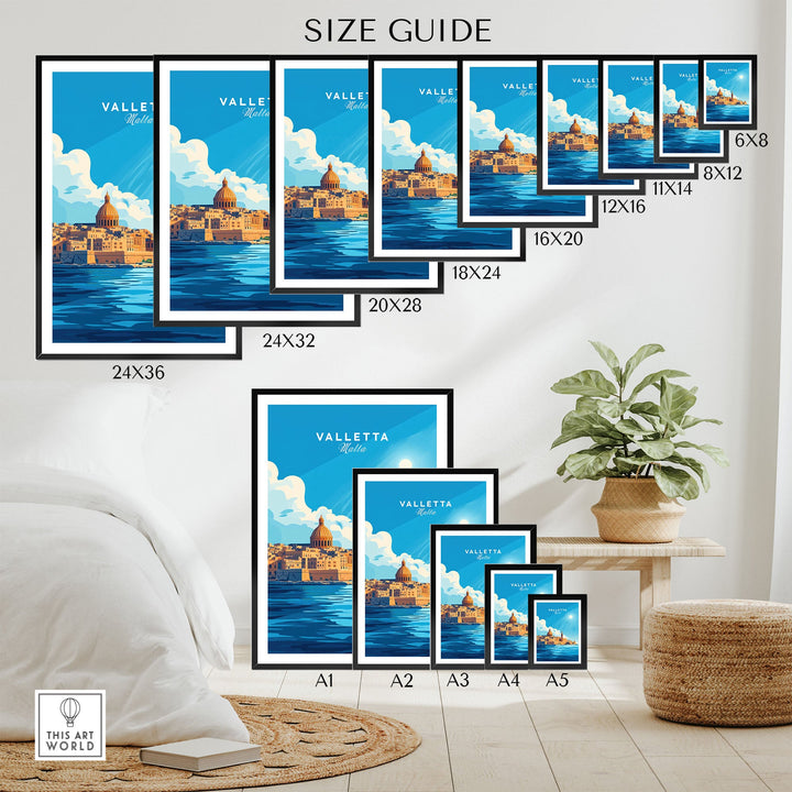 Valletta Print Malta poster size guide in various dimensions, featuring vibrant Mediterranean artwork for home decor