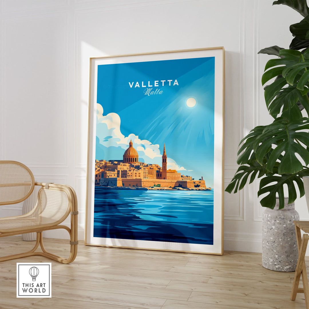 Valletta Print Malta poster in a room, featuring a vibrant Mediterranean cityscape, perfect for travel lovers and home decor.