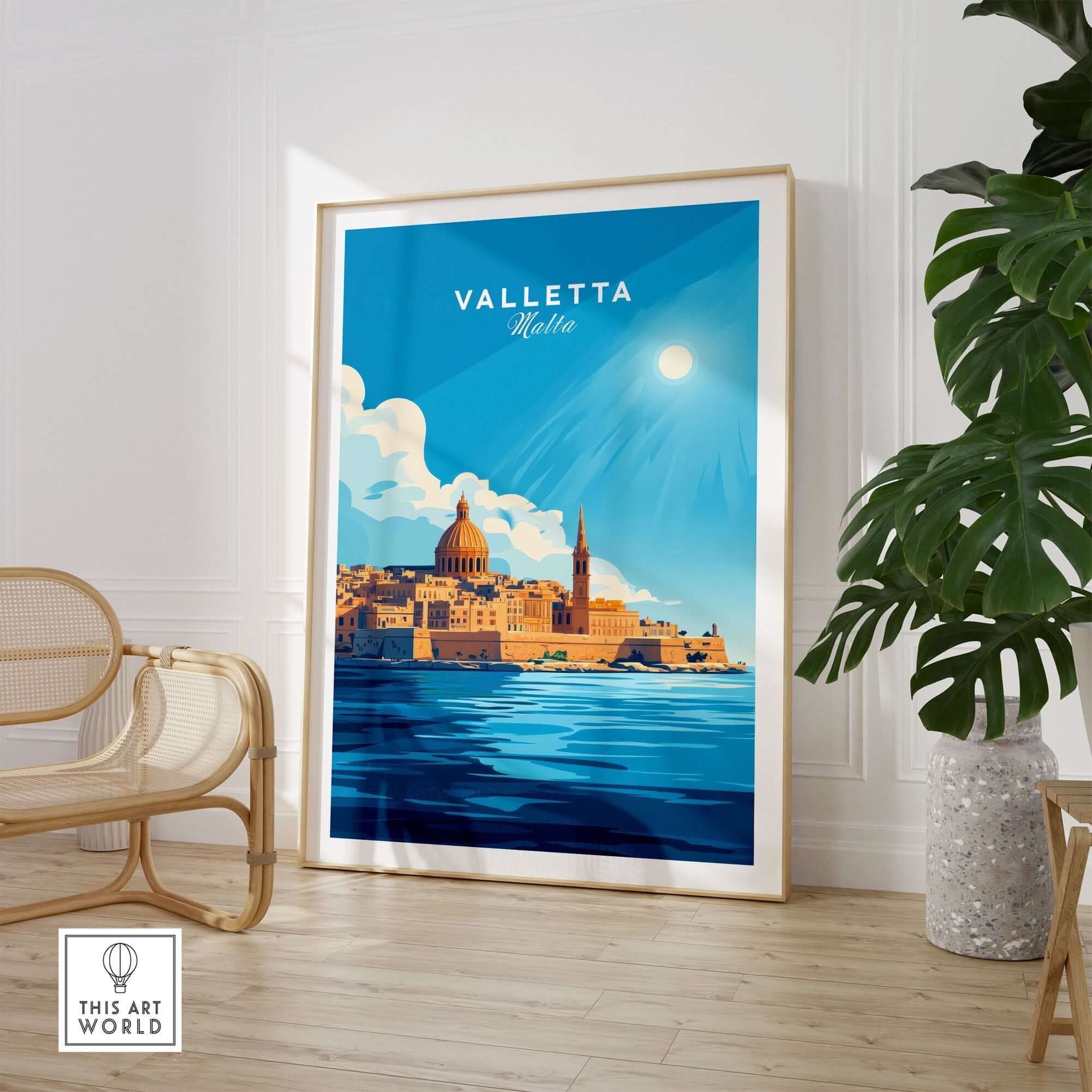Valletta Print Malta poster showcasing the vibrant cityscape of Valletta, Malta, with Mediterranean charm.