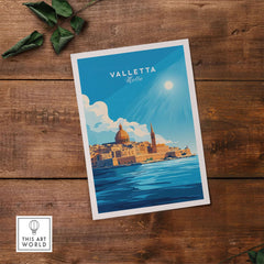 Valletta Print Malta poster featuring a vibrant print of Valletta's skyline and blue waters.