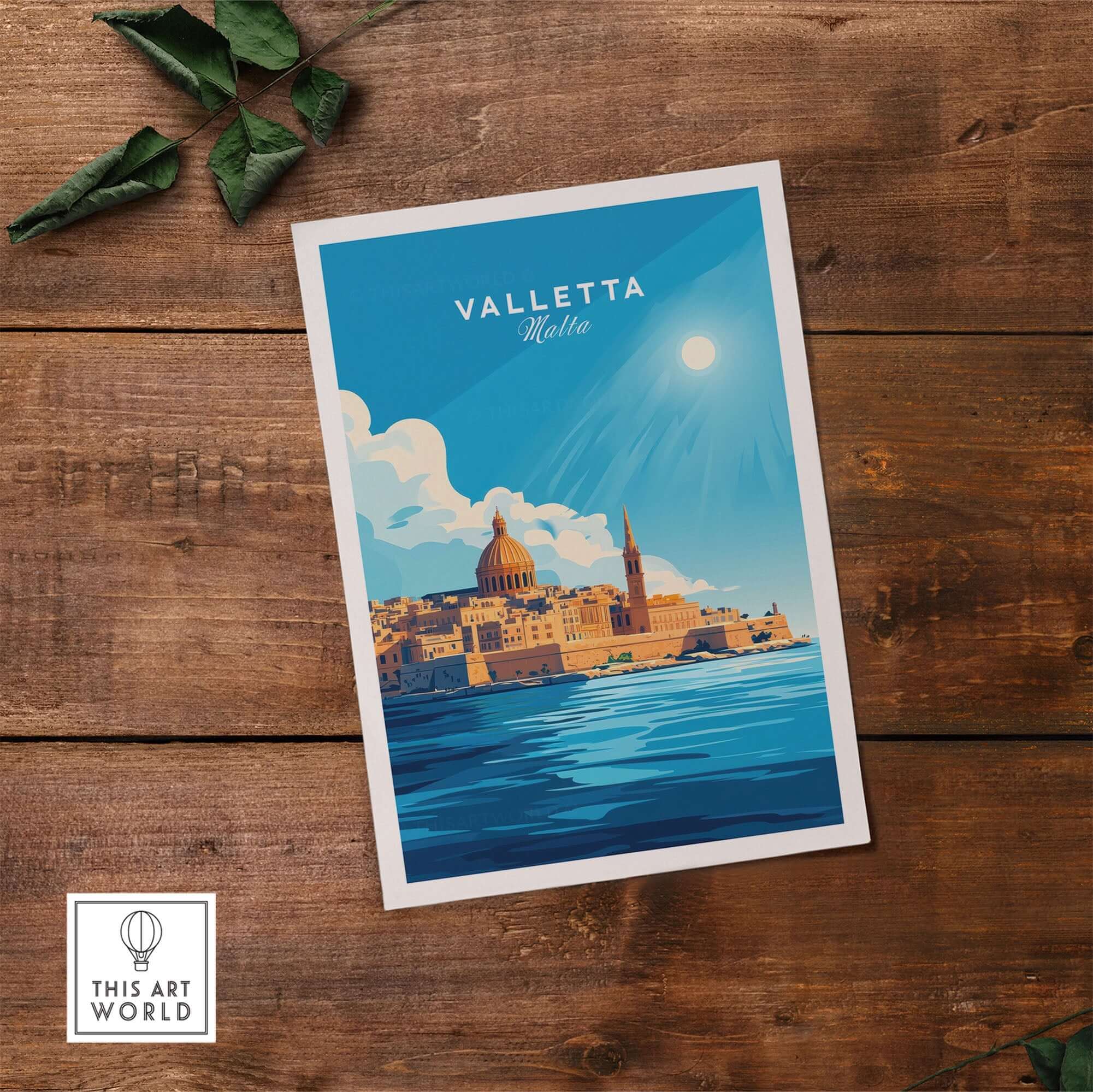 Valletta Print Malta poster featuring a vibrant print of Valletta's skyline and blue waters.