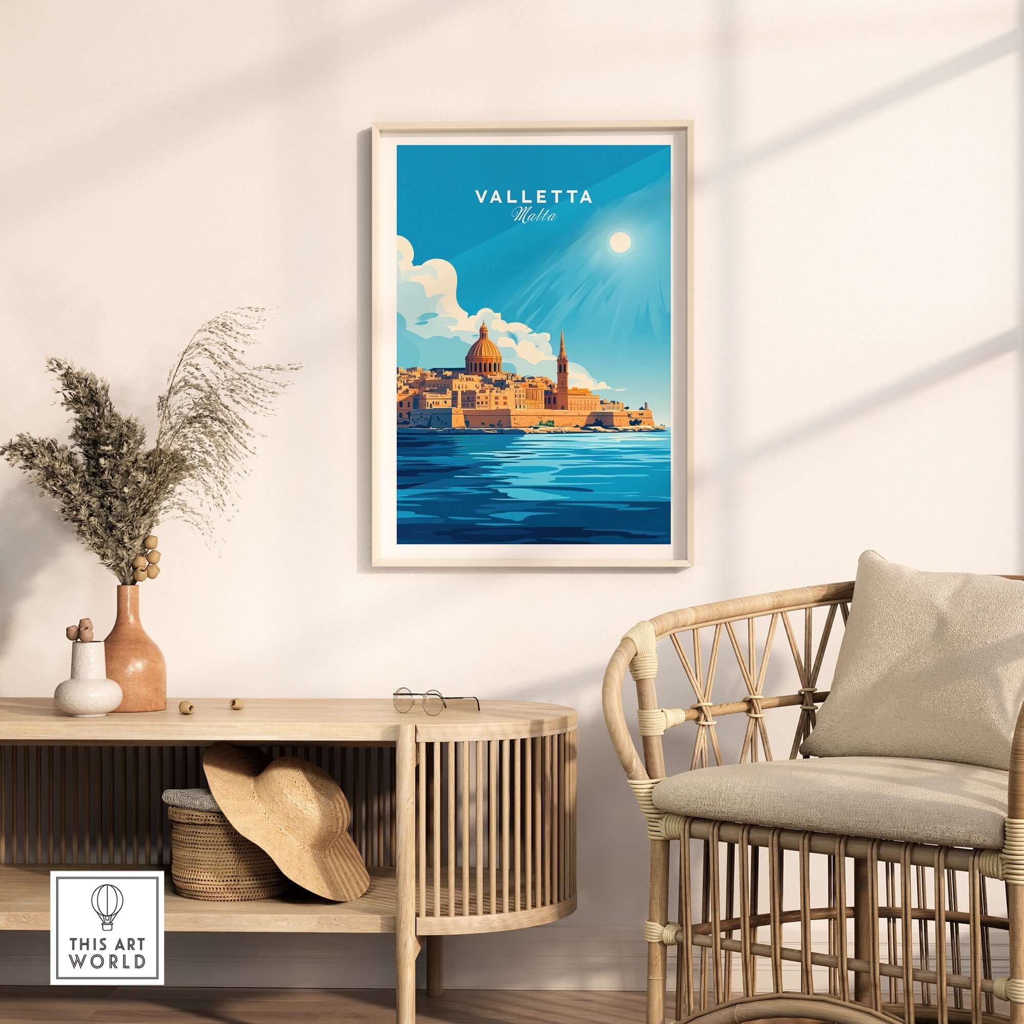 Valletta Print Malta poster showcasing the vibrant capital's charm, perfect for home decor and travel enthusiasts.