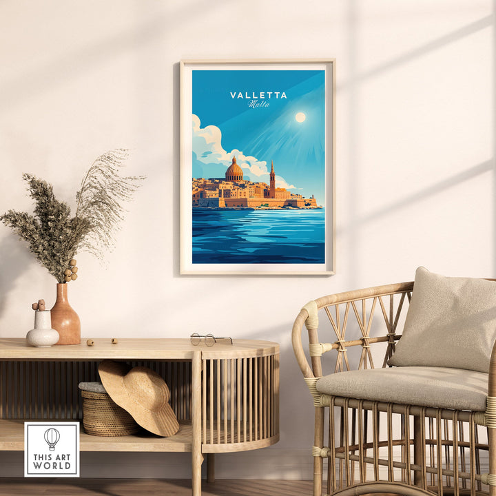 Valletta Print Malta poster on wall, featuring vibrant Mediterranean cityscape, perfect for home decor and travel lovers.