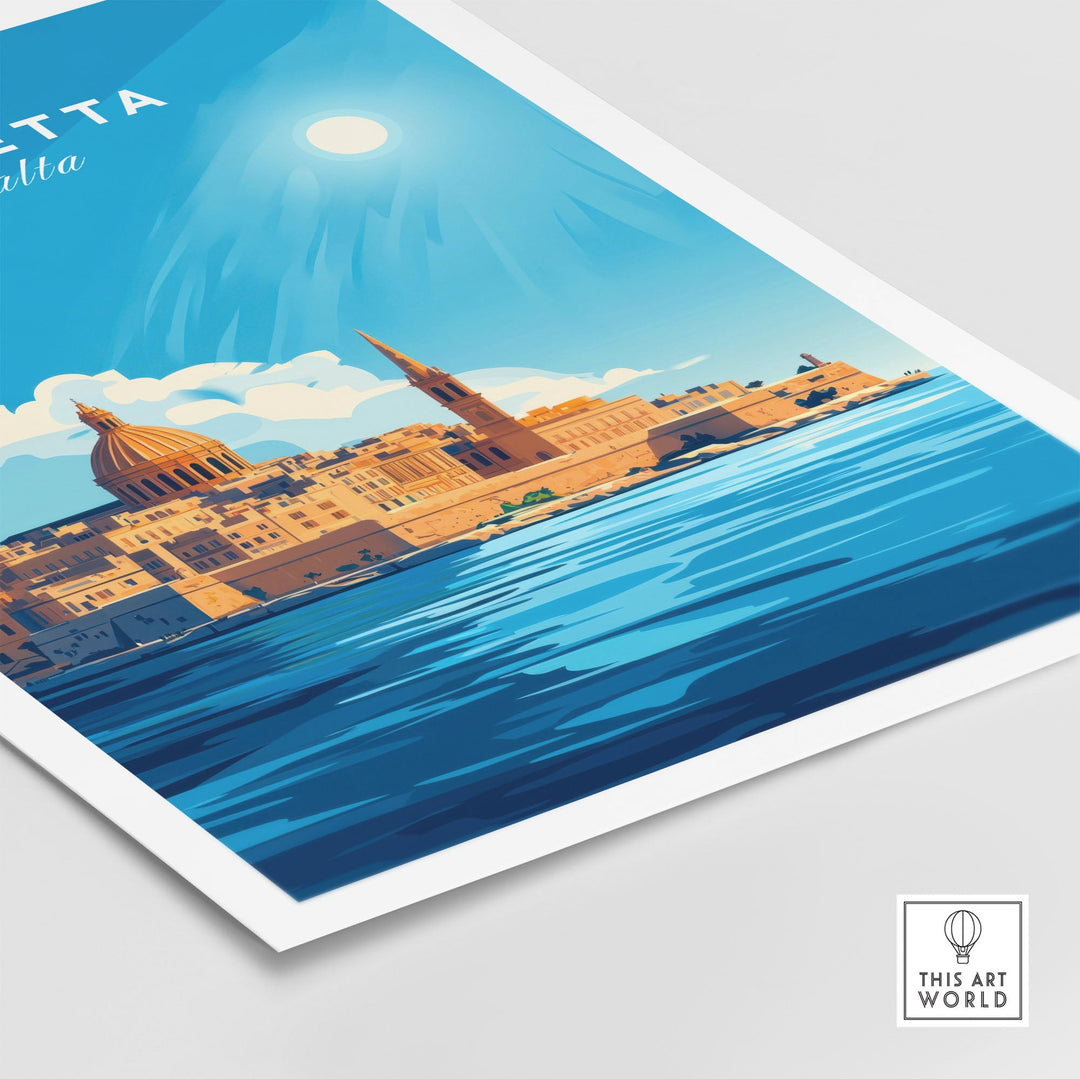 Vibrant Valletta Malta poster featuring Mediterranean architecture and sea, perfect for adding charm and color to any room.