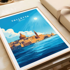 Valletta Print Malta poster showcasing a vibrant illustration of Valletta's skyline and harbor.