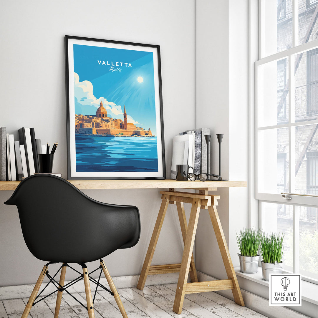 Valletta Print Malta poster in modern home office with Mediterranean scenery, vibrant artwork on desk, perfect wall decor.