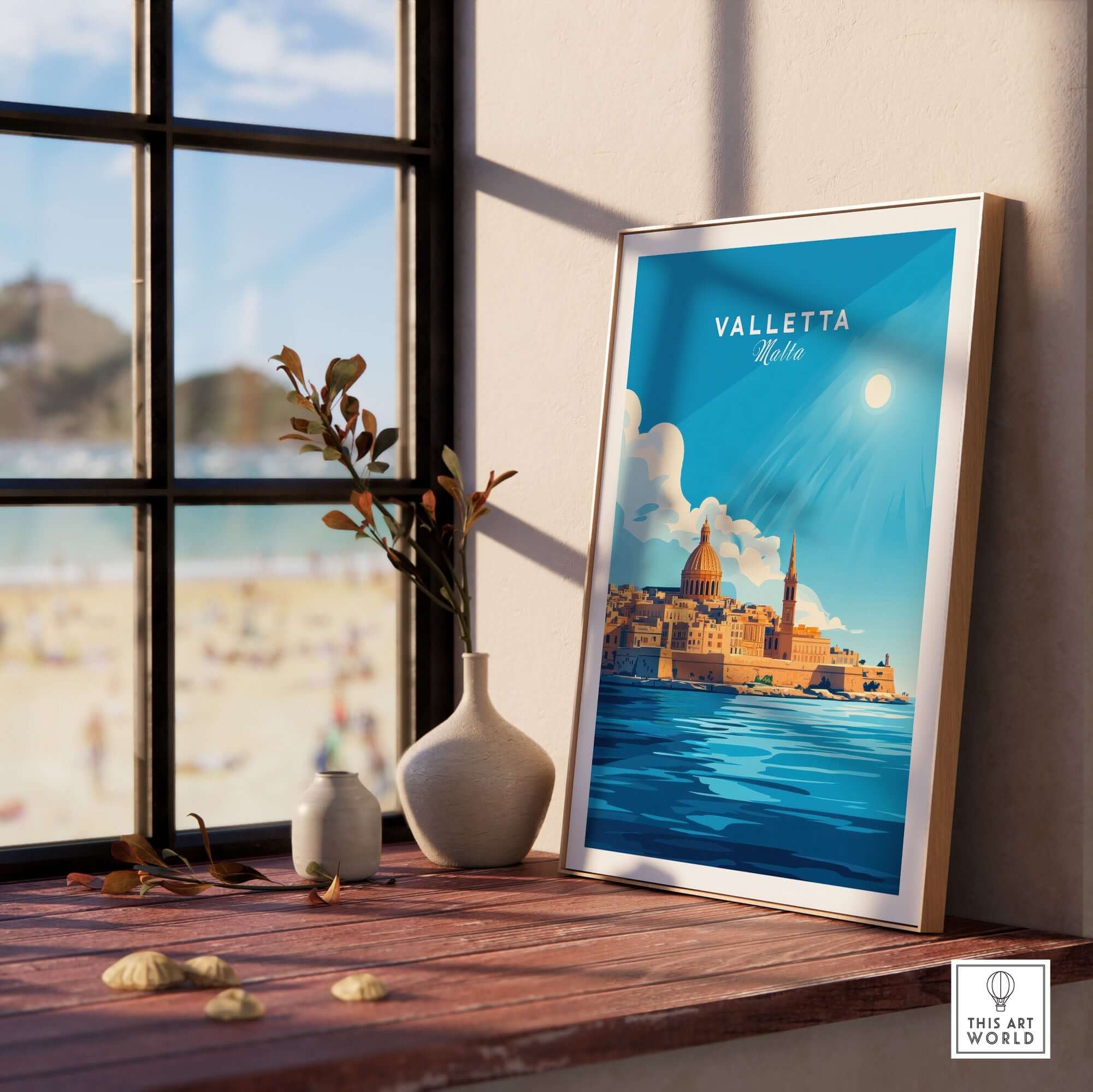 Valletta Print Malta poster displayed indoors next to a window, capturing the essence of Valletta's Mediterranean beauty.