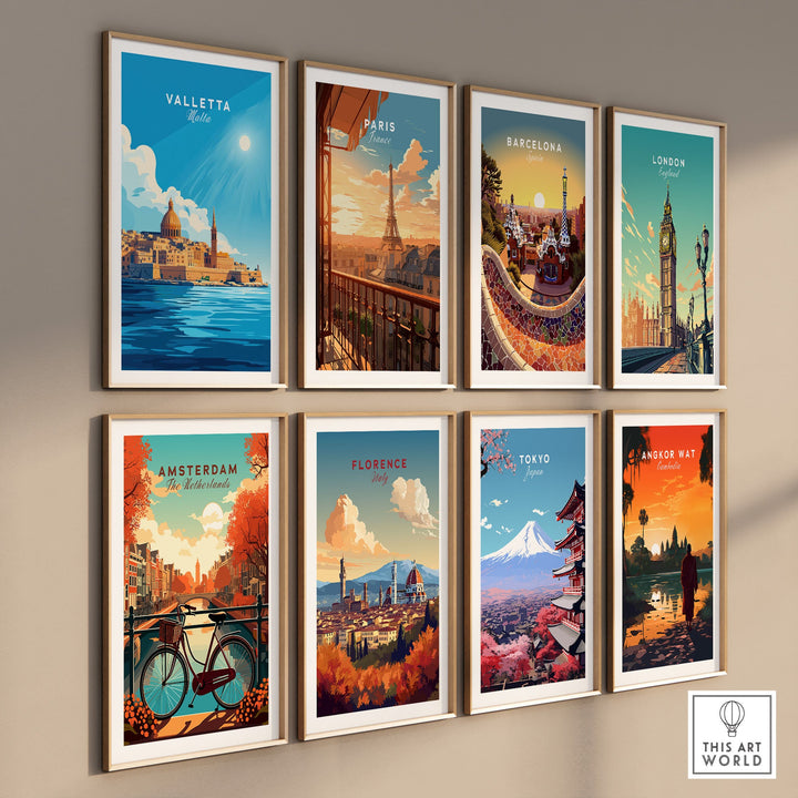 Gallery wall featuring travel posters of Valletta, Paris, Barcelona, London, Amsterdam, Florence, Tokyo, and Angkor Wat.