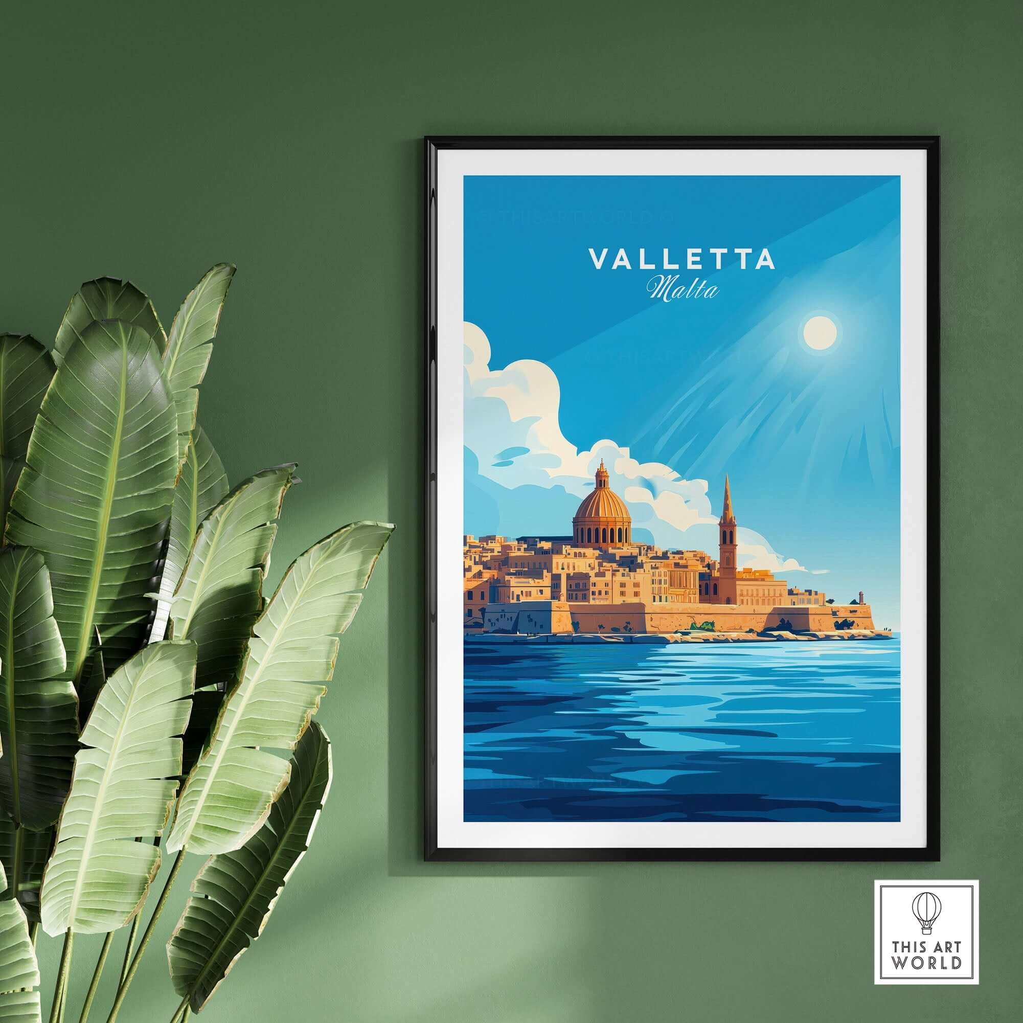 Valletta Print Malta poster featuring the vibrant skyline of Valletta, Malta against a bright blue background.
