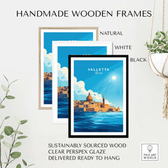 Valletta Print Malta poster in handmade wooden frames, showcasing natural, white, and black options.