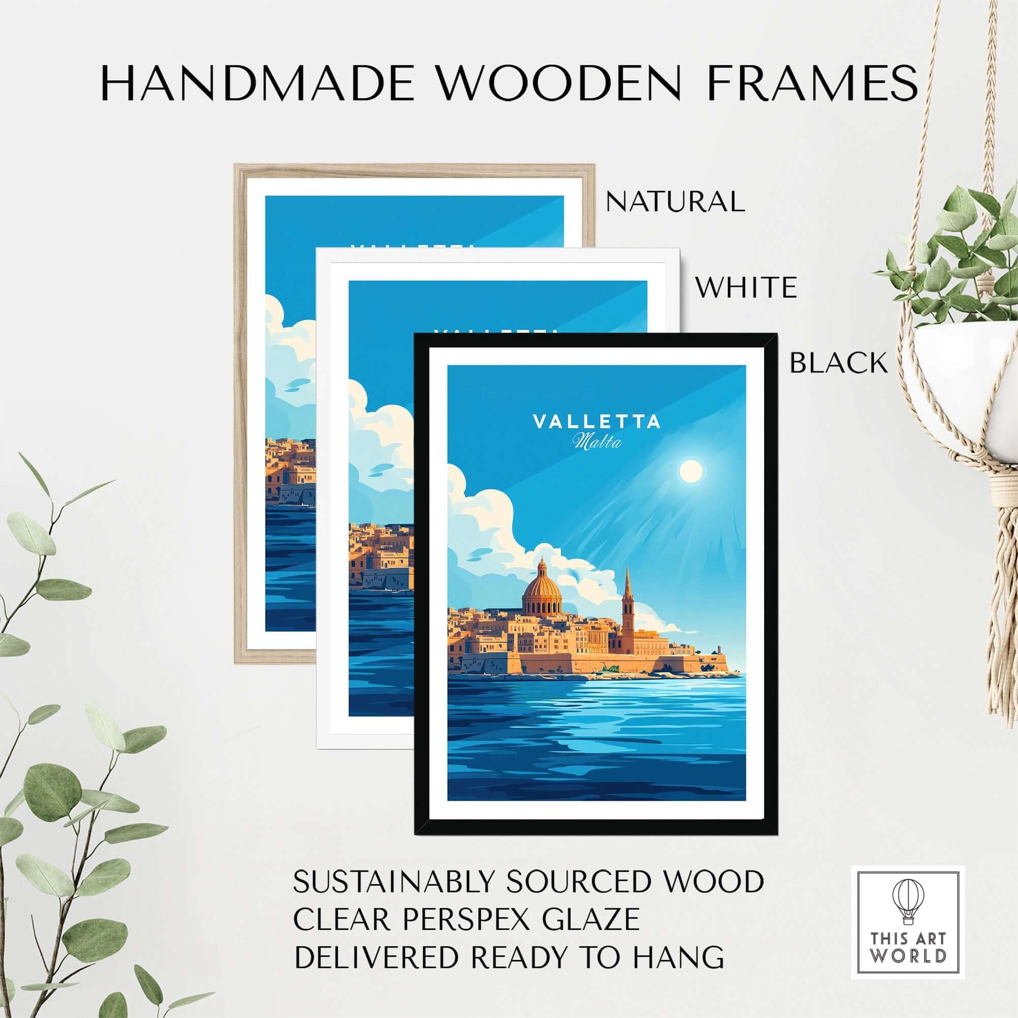 Valletta Print Malta poster in handmade wooden frames, showcasing natural, white, and black options.