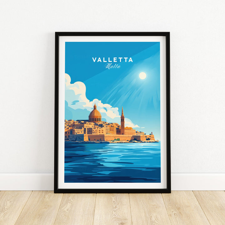 Vibrant Valletta Print Malta poster with Mediterranean sea and skyline, perfect for home decor or travel enthusiasts.