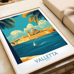 Valletta Print showcasing Malta's skyline and sea with a sailboat, perfect decor for travel and wanderlust.