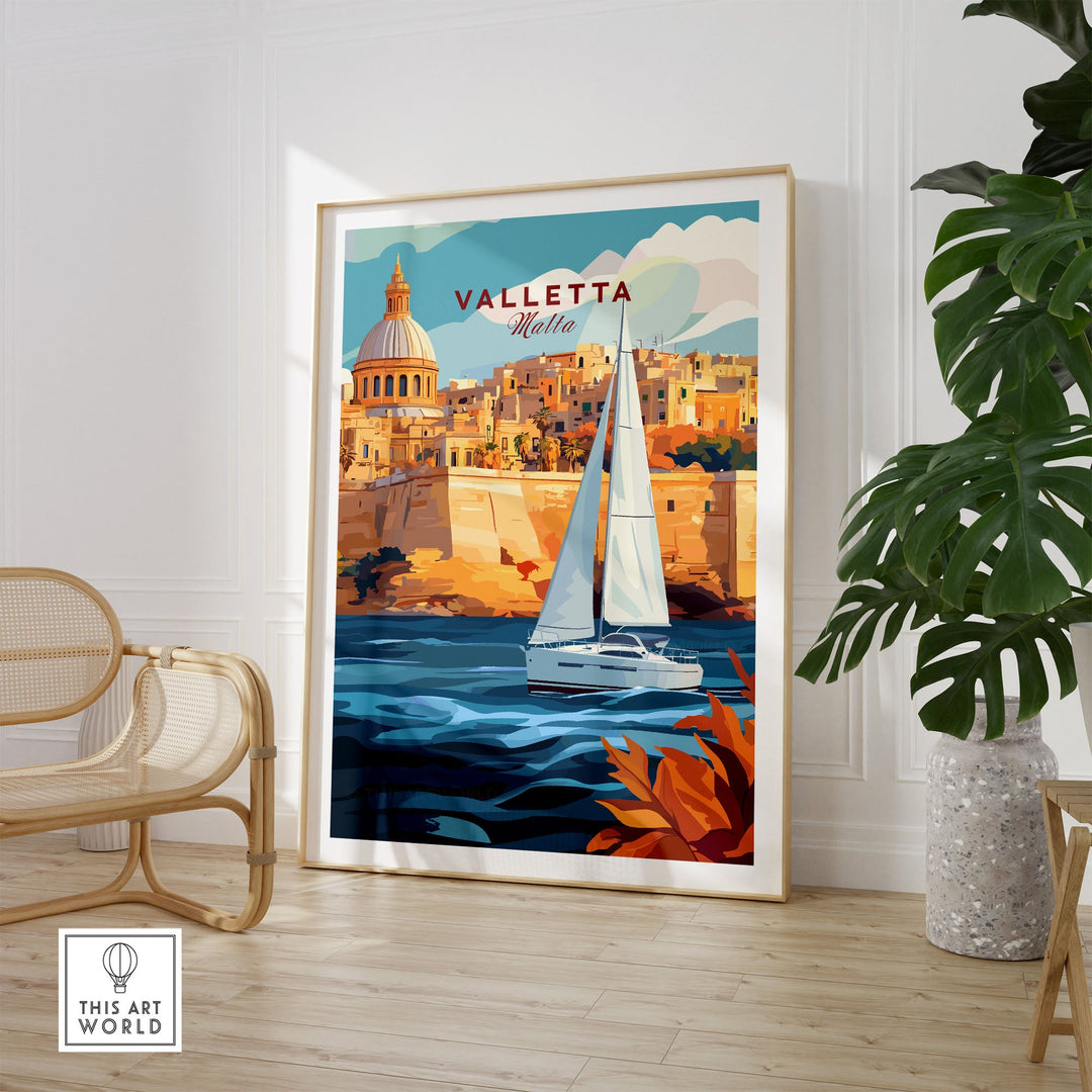 Valletta travel poster featuring Malta's architecture and a sailboat, perfect wall art print for home or office decor.