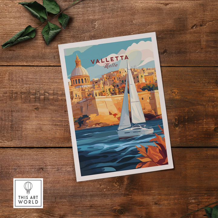 Valletta travel poster showcasing a sailboat on the sea with historic city architecture in the background, perfect Malta wall art.