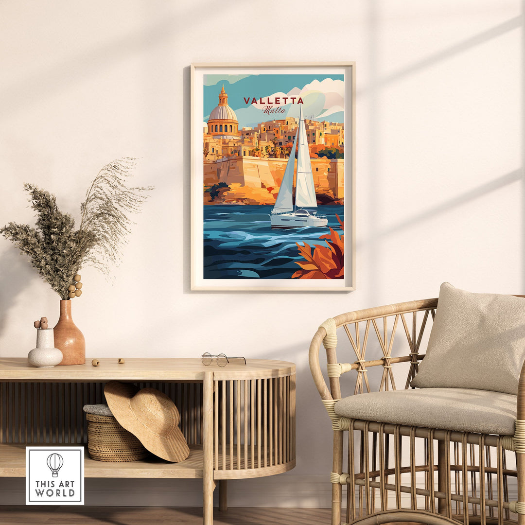 Valletta Malta travel poster in modern room, showcasing sailboat and historic architecture, perfect wall art for home or office decor.