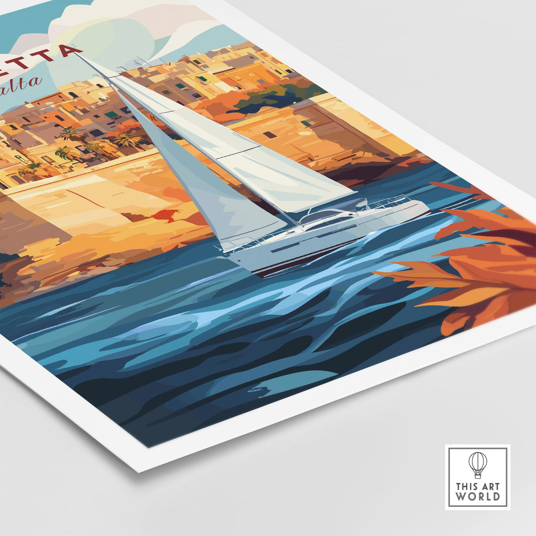 Valletta travel poster featuring sailboat on vibrant waters with historic Maltese architecture in the background, Malta wall art.