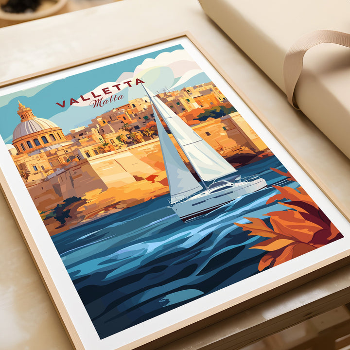 Valletta travel poster featuring Malta's vibrant architecture and a sailing boat, perfect wall art for homes and offices.