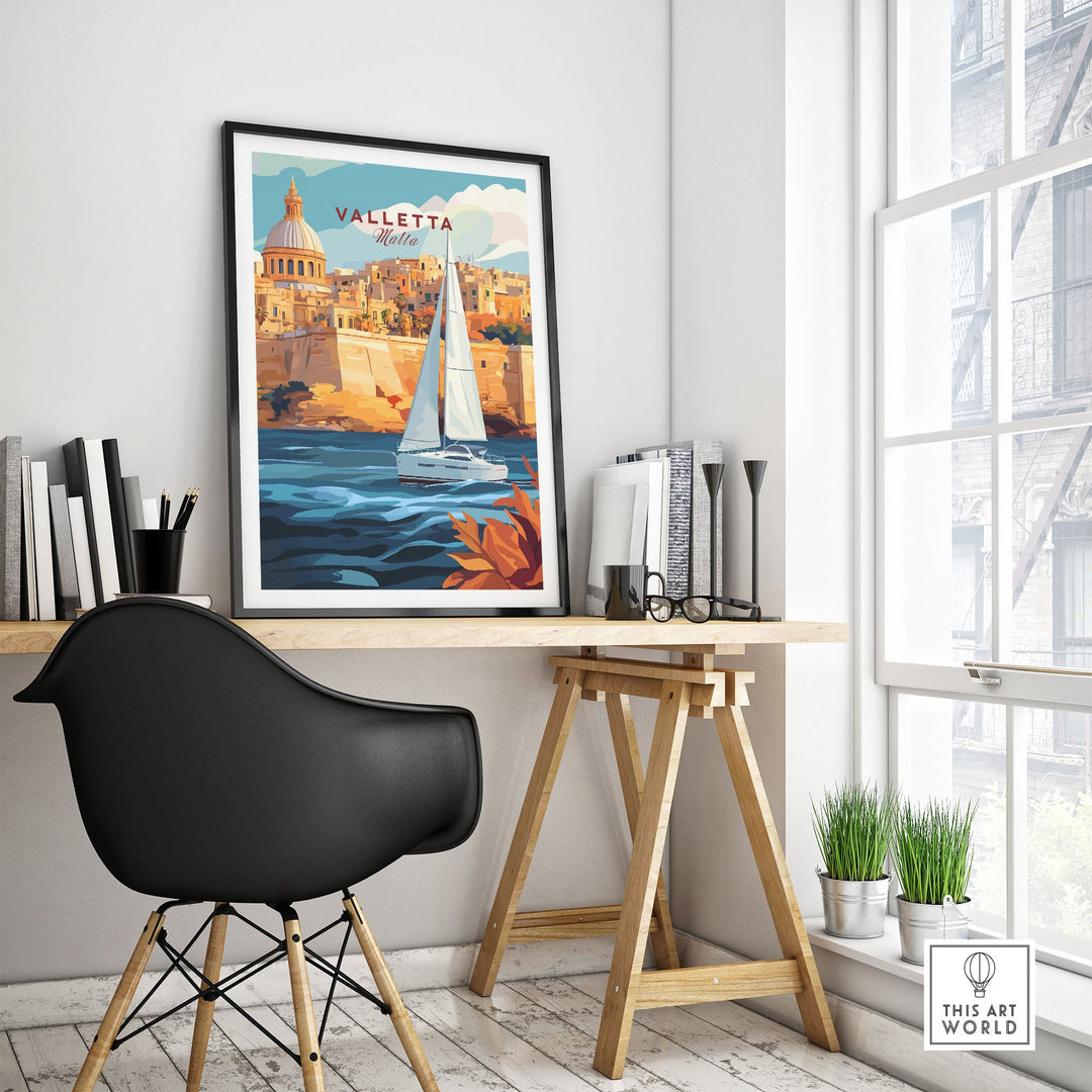 Valletta travel poster in a modern room, Malta wall art print with sailboat and architecture, adding wanderlust to the decor.