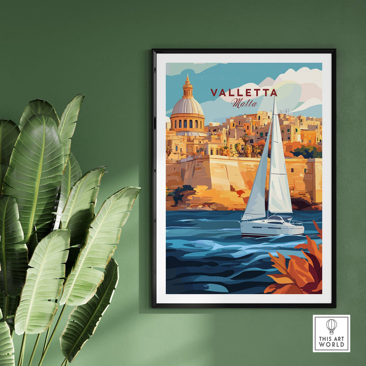 Valletta travel poster featuring a sailboat in front of Maltese architecture, perfect for home or office decor, adding wanderlust to your space.