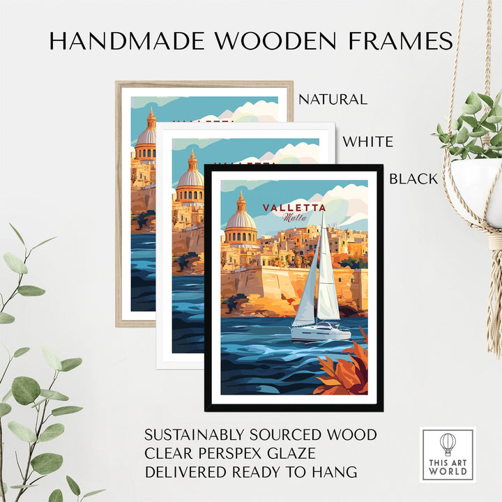 Valletta Malta travel poster in handmade wooden frames, available in natural, white, and black. Sustainably sourced wood.