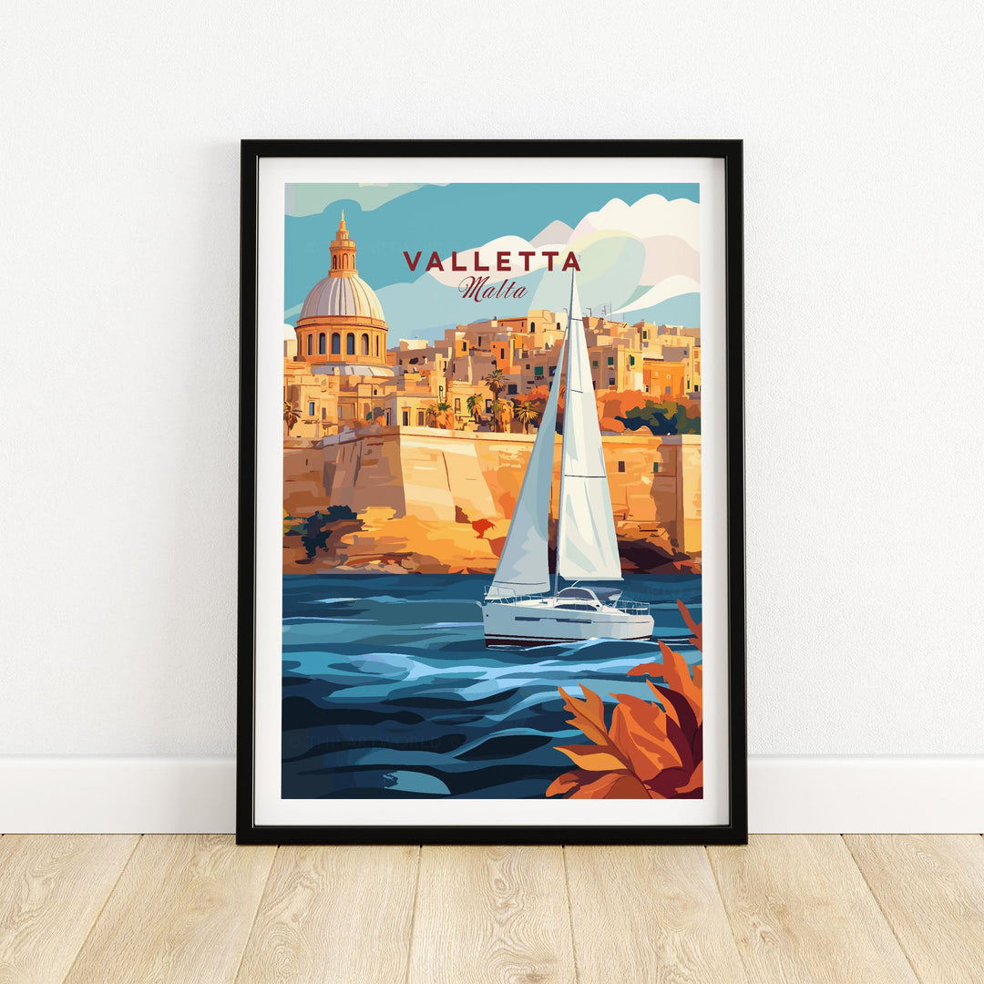 Valletta travel poster with sailboat, showcasing Malta's historic architecture and vibrant coastal scenery.