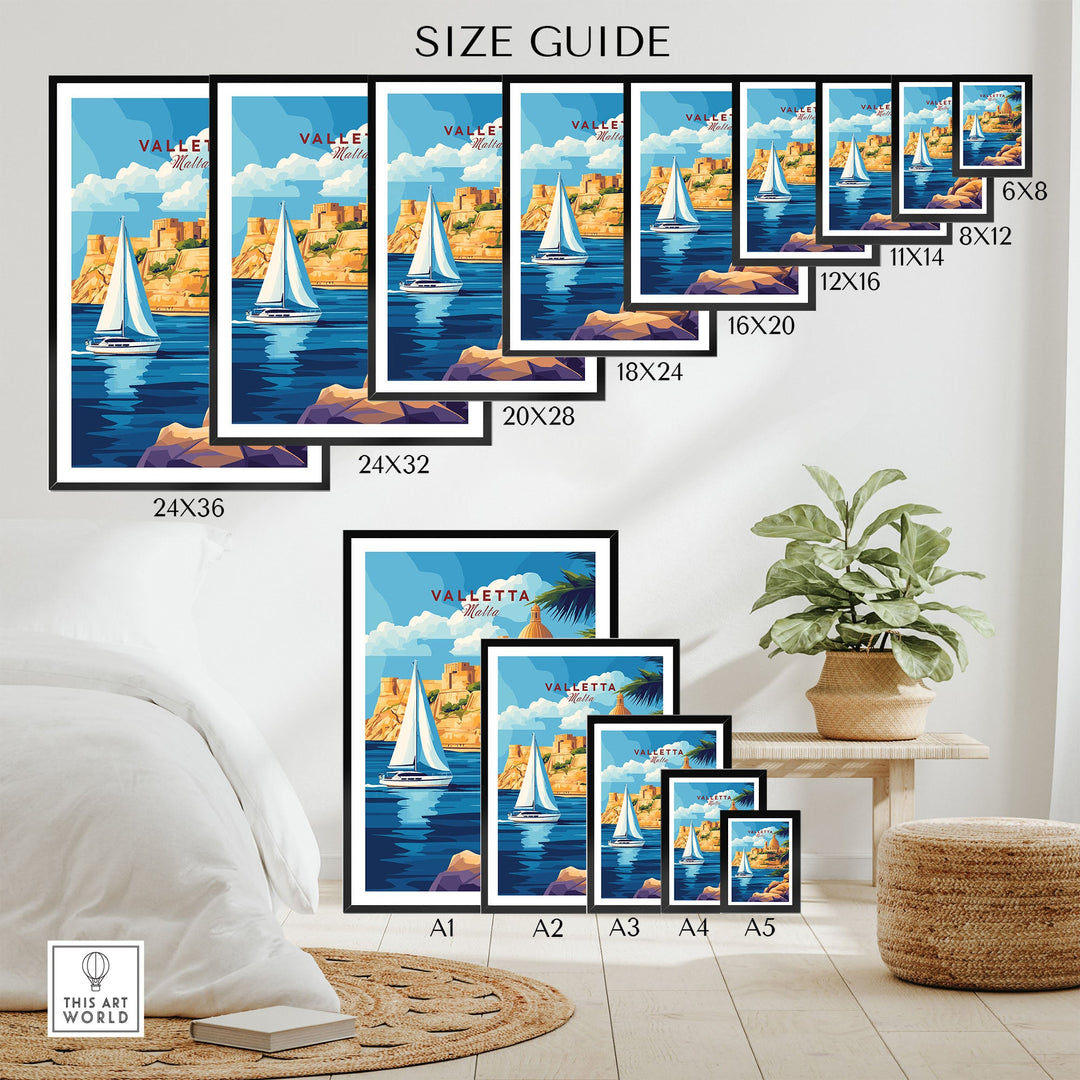 Valletta travel print size guide with various framed Malta wall art options displayed in a stylish room setting.