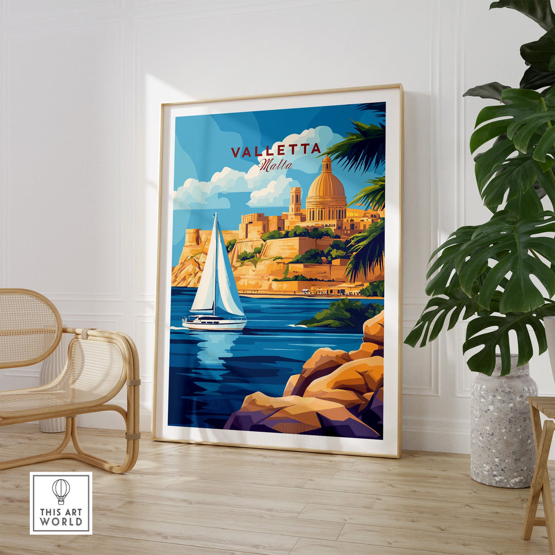 Valletta travel print featuring Malta's scenic coastline and architecture, perfect wall art for travel enthusiasts and home decor.