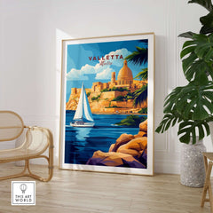 Valletta Travel Print showcasing iconic Malta scenery with sailboat and historic architecture.