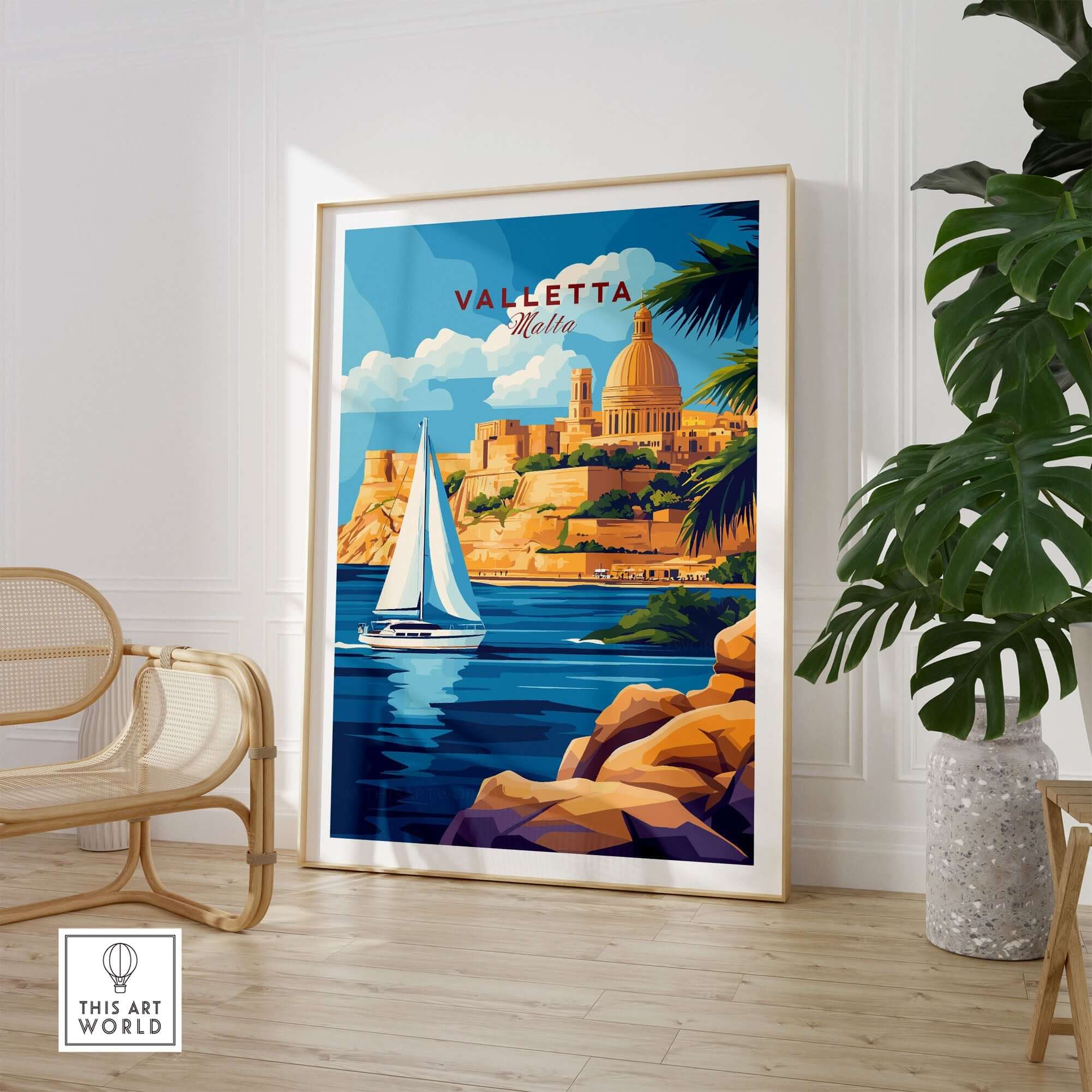 Valletta Travel Print showcasing iconic Malta scenery with sailboat and historic architecture.