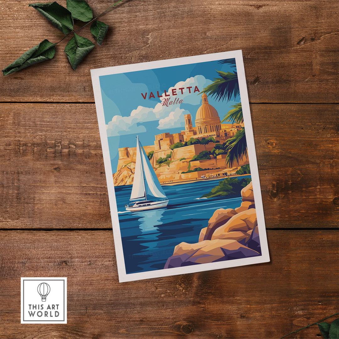 Valletta Malta travel print featuring vibrant coastal scene with sailboat, perfect for home decor and travel enthusiasts.