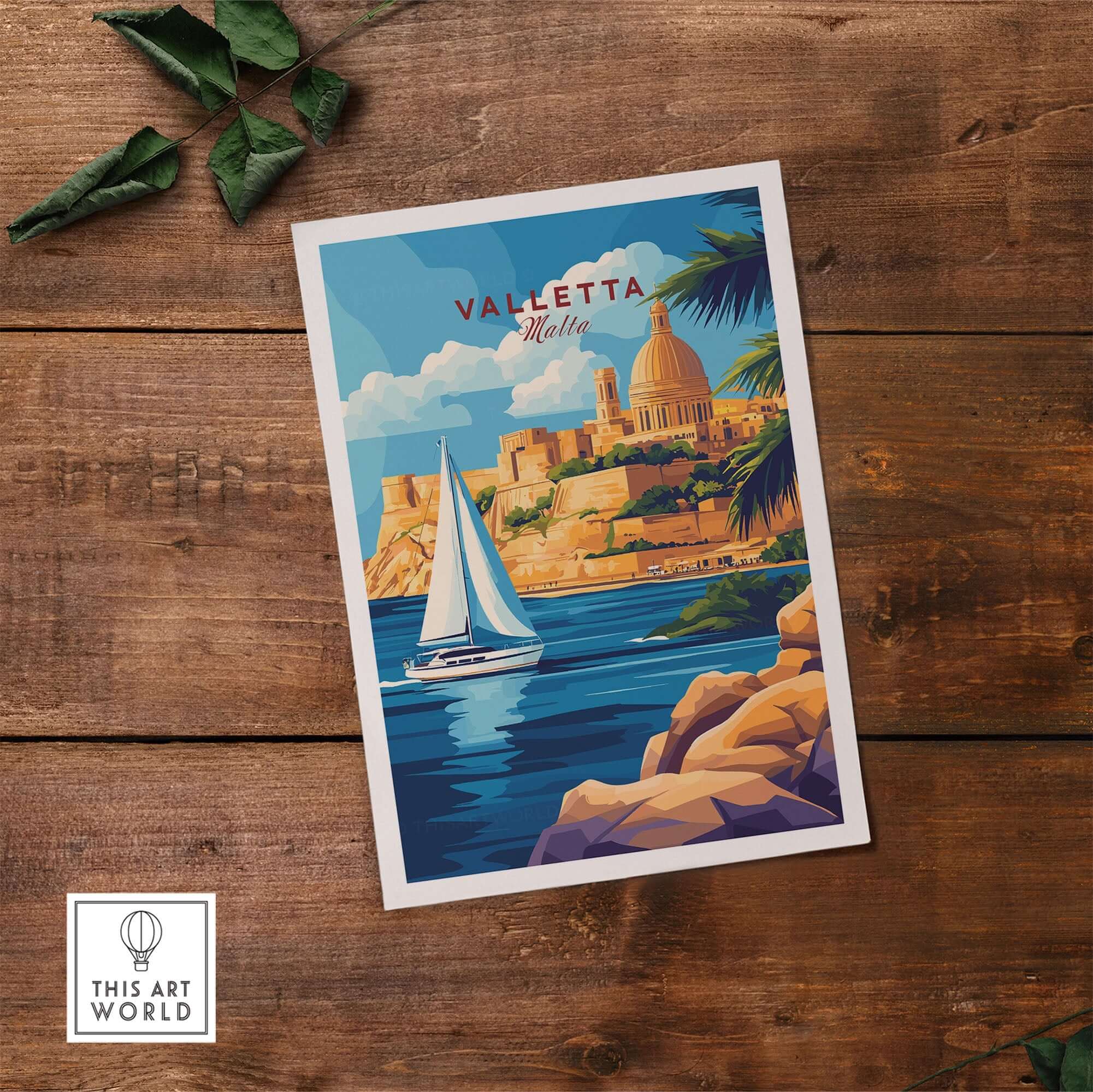 Valletta Travel Print depicting a sailboat near Malta's iconic skyline with vibrant colors and stunning scenery.