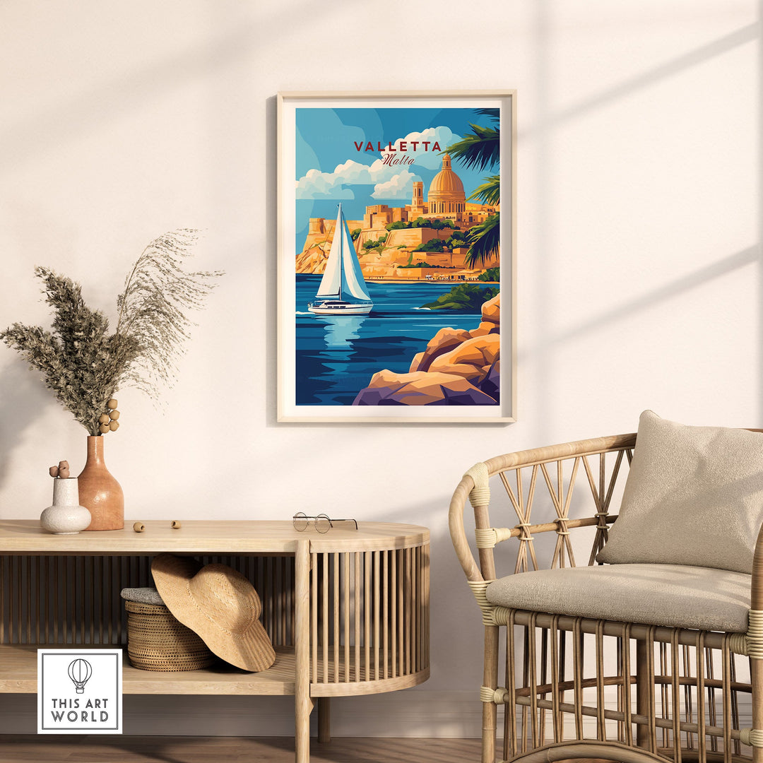 Valletta travel print showcasing Malta's coastline with a sailboat, perfect for home decor and travel enthusiasts.