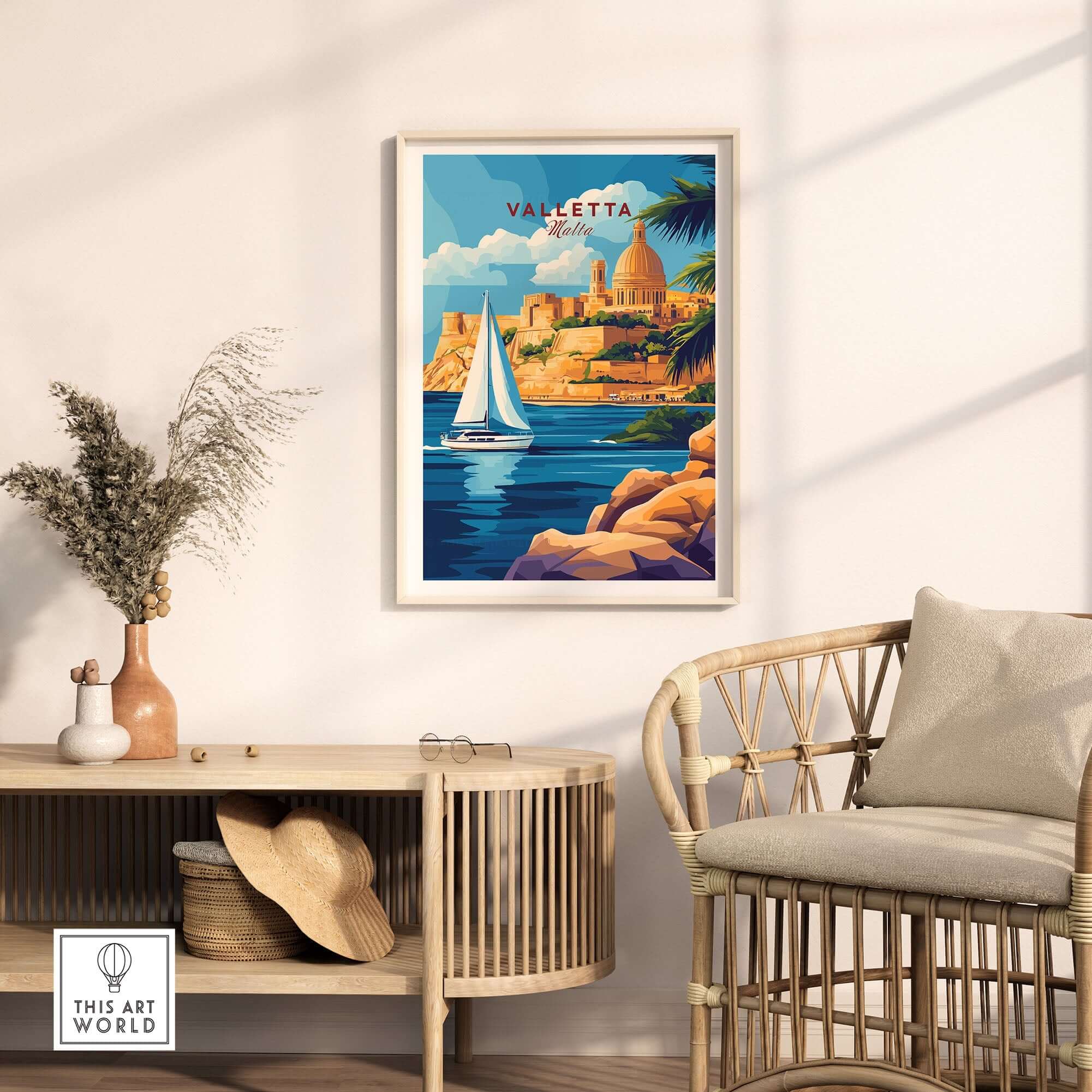 Valletta Travel Print featuring vibrant Malta scenes, perfect for home decor or gifting.