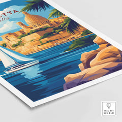 Valletta Travel Print showcasing stunning scenes of Malta with a sailing boat and vibrant colors.