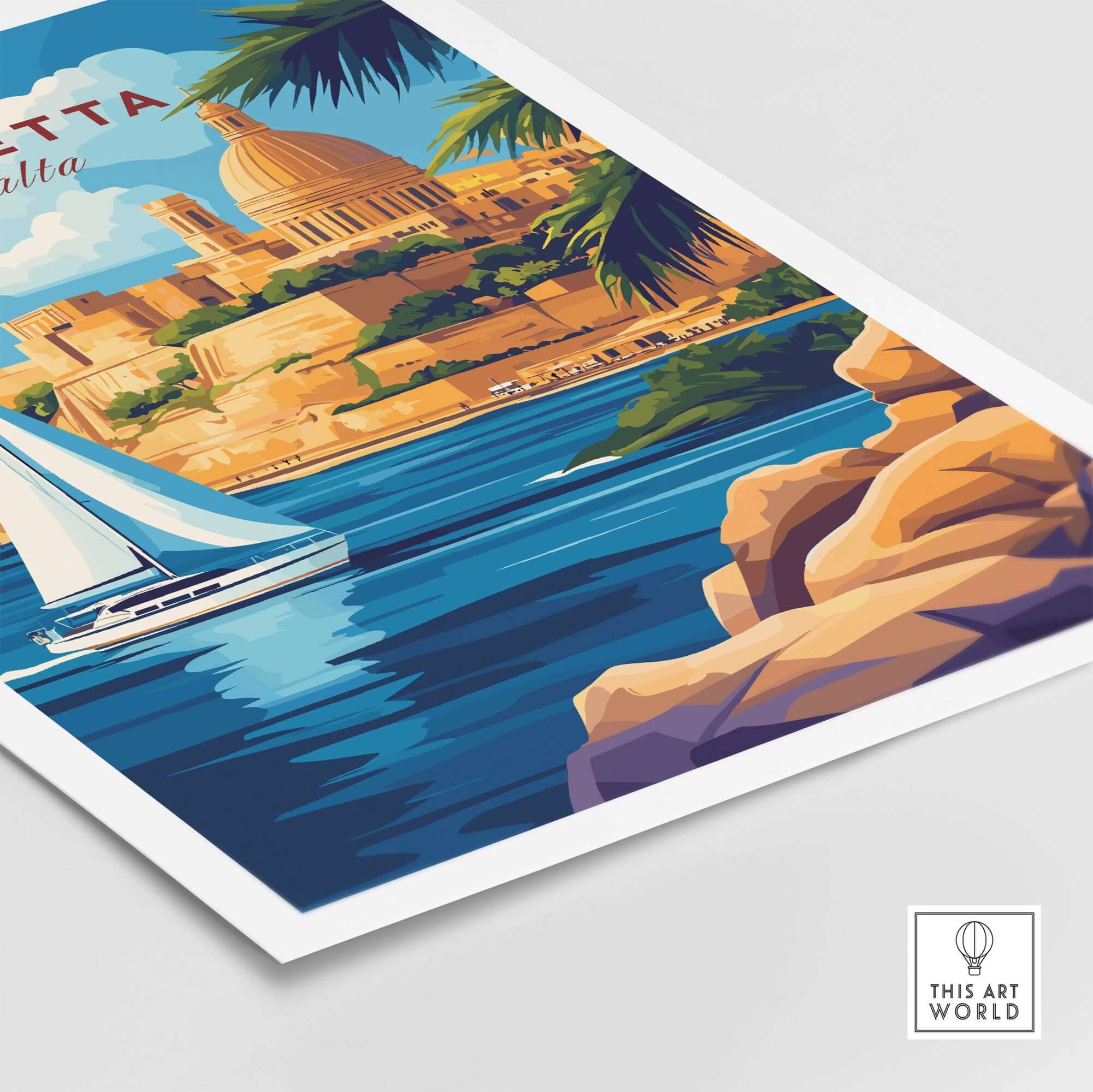 Valletta Travel Print showcasing stunning scenes of Malta with a sailing boat and vibrant colors.