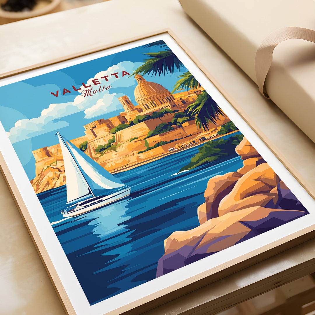 Valletta Travel Print featuring a vibrant scene of Malta with a sailboat, ideal for travel enthusiasts and home decor.