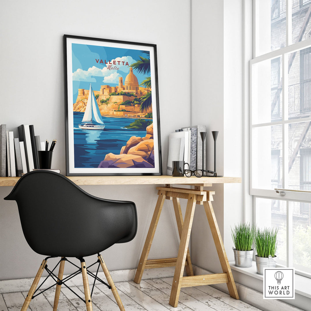 Valletta travel print displayed in modern room, featuring Malta's scenic beauty with a sailboat and coastal view for home decor.