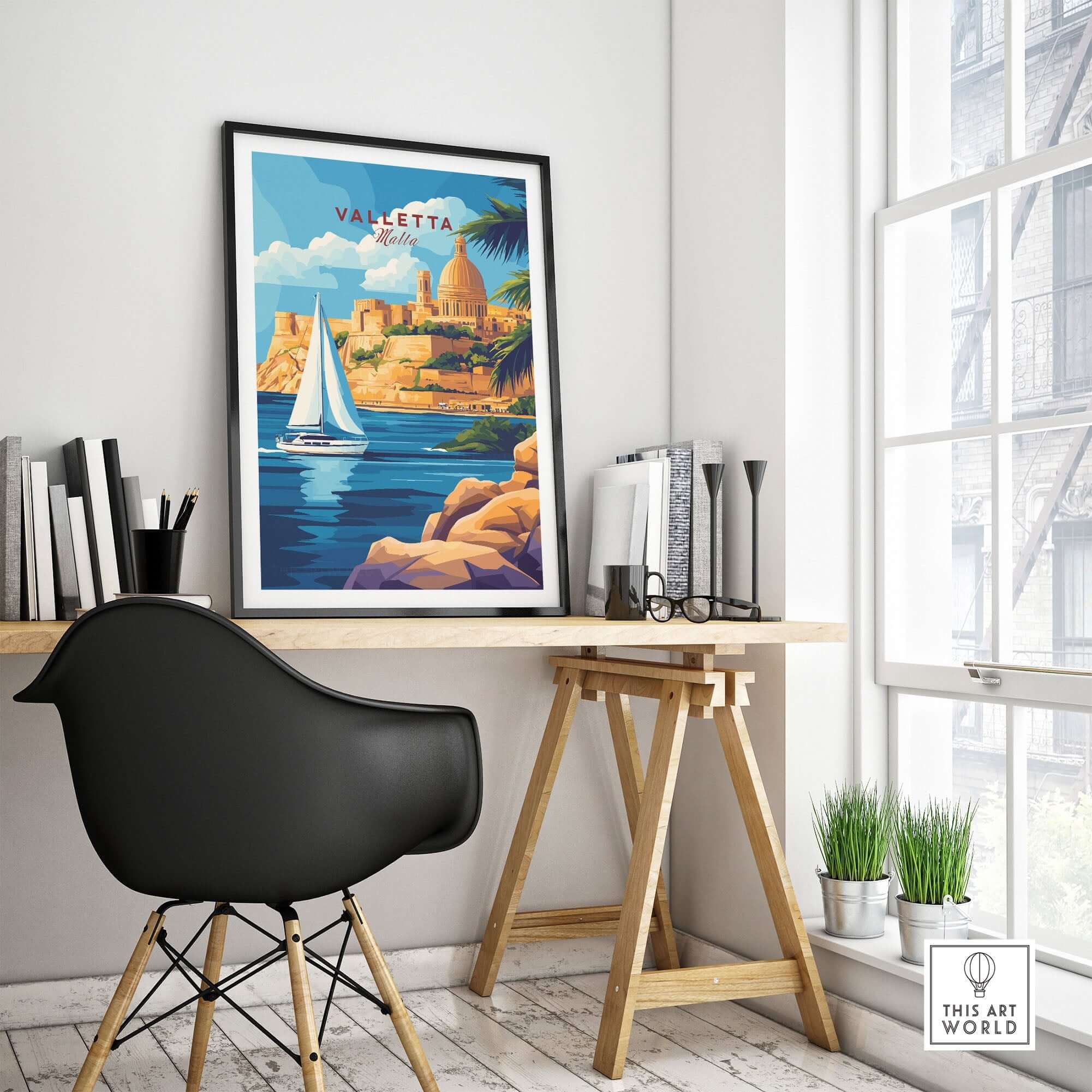 Valletta Travel Print showcasing vibrant scenery of Malta with a sailboat and city backdrop in stylish home decor.