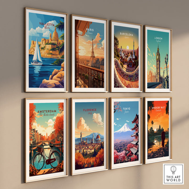 Wall displaying travel prints of Valletta, Paris, Barcelona, London, Amsterdam, Florence, Tokyo, and Angkor Wat.