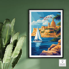 Valletta Travel Print showcasing Malta's beauty with a sailboat and stunning scenery in vibrant colors.