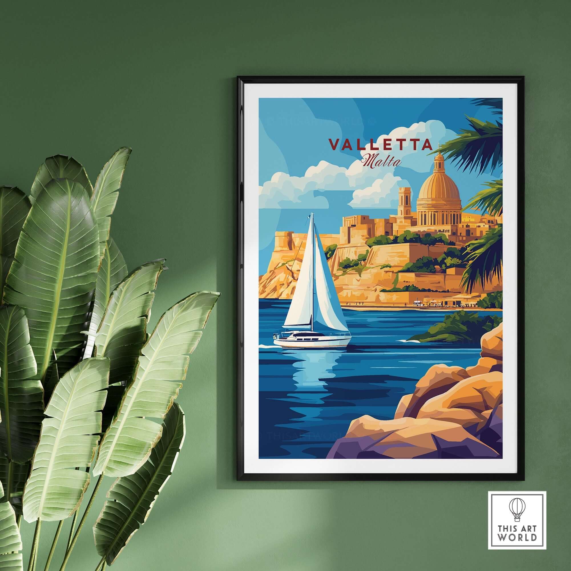 Valletta Travel Print showcasing Malta's beauty with a sailboat and stunning scenery in vibrant colors.