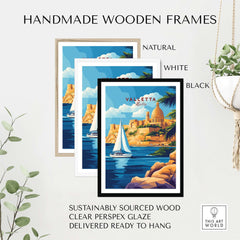 Valletta Travel Print displayed in handmade wooden frames in natural, white, and black colors, showcasing Malta's beauty.