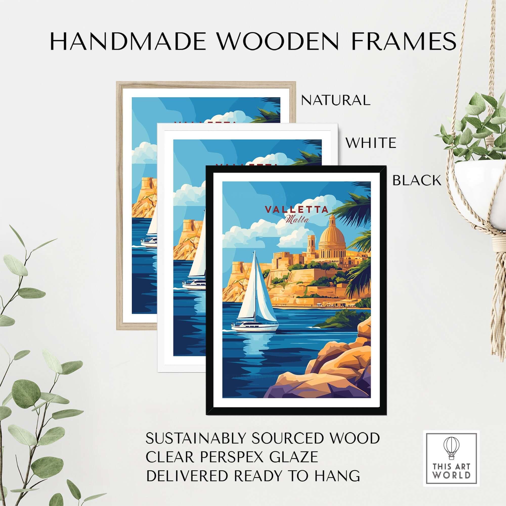 Valletta Travel Print displayed in handmade wooden frames in natural, white, and black colors, showcasing Malta's beauty.