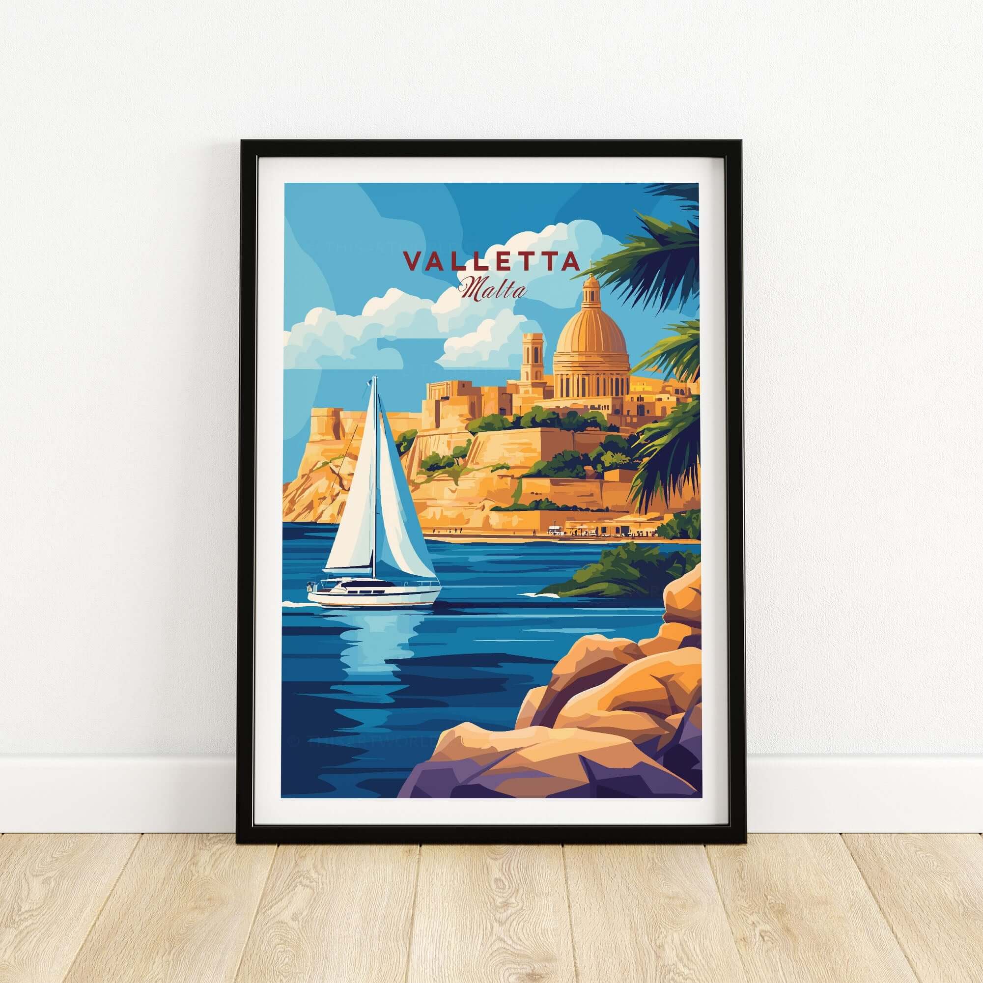 Valletta Travel Print showcasing a vibrant scene of Valletta, Malta with a sailboat in the foreground.