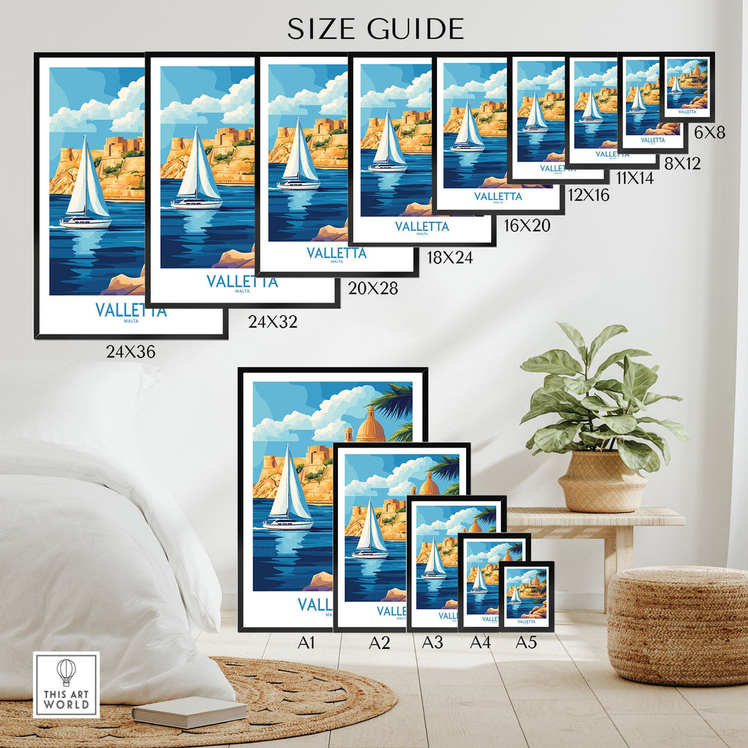 Valletta Wall Art size guide featuring various poster dimensions, showcasing a scenic view of Valletta, Malta with sailboats.