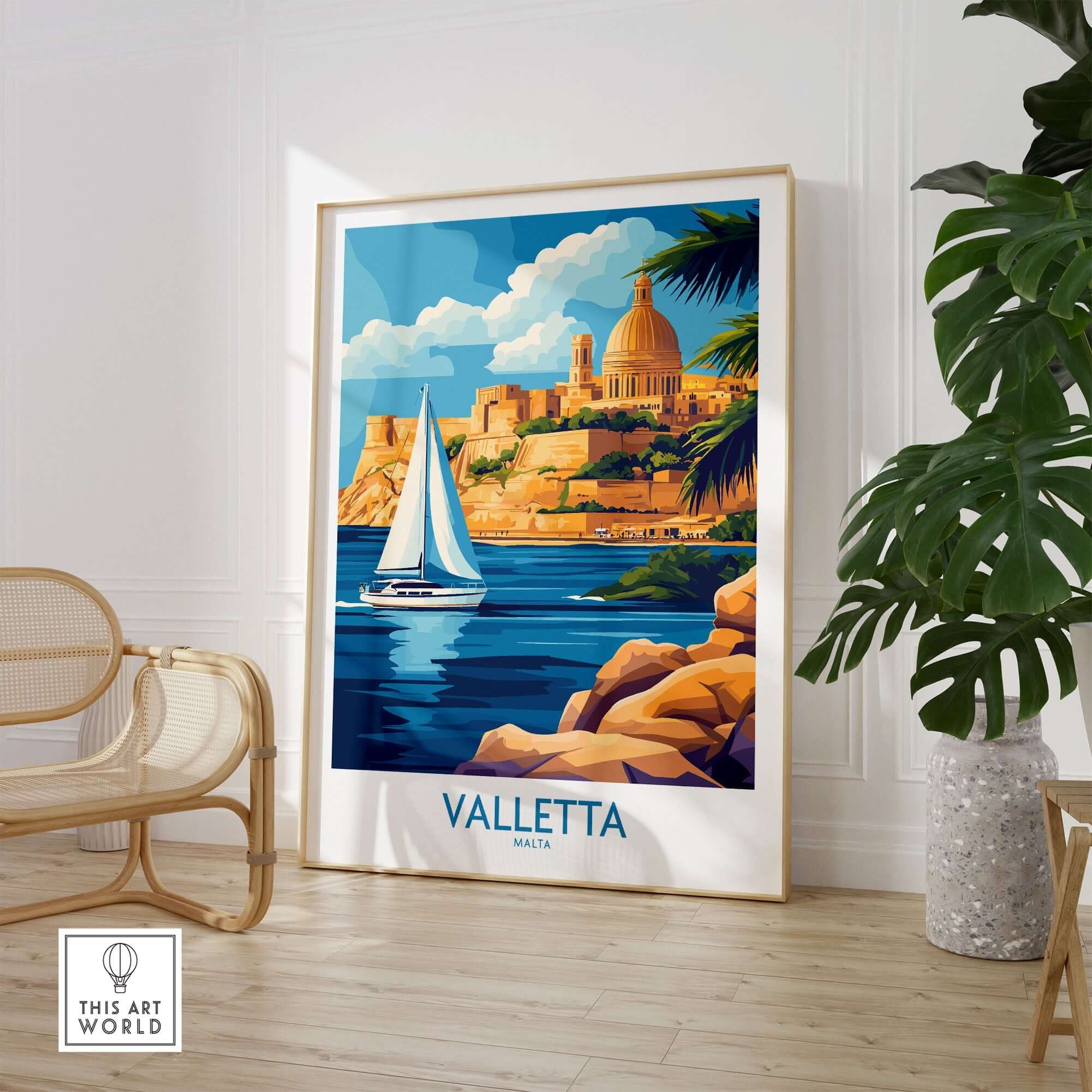 Valletta Wall Art showcasing the stunning coastline and architecture of Valletta, Malta with a sailboat in the foreground.